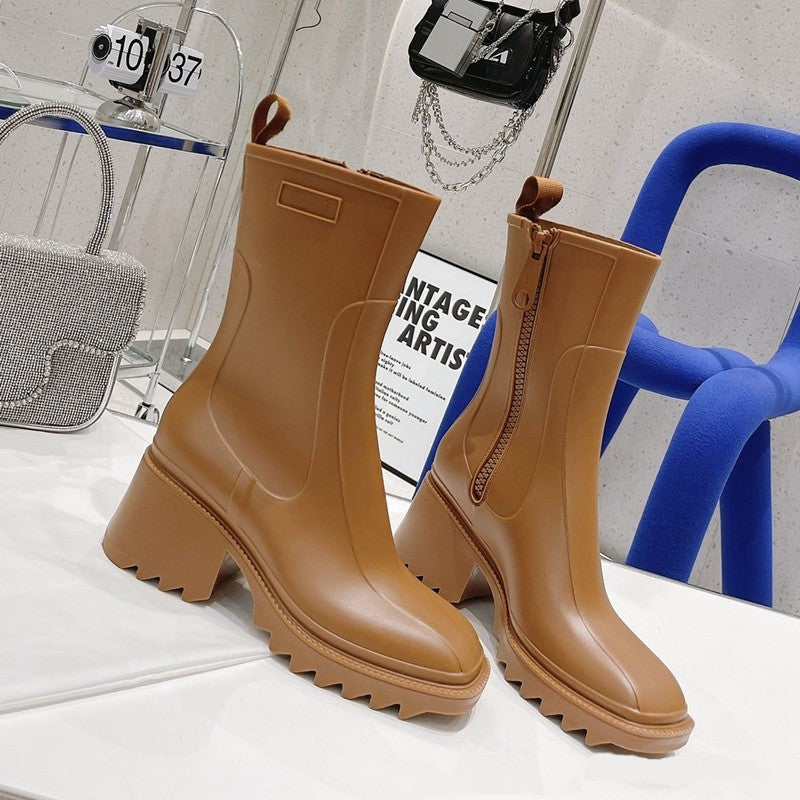 Fashion Square Toe Solid Color All-match Zipper To Increase The Tide Of Thick-soled Mid-tube Rain Boots