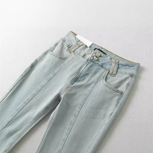 Internetkendt Blogger Niche-design Lavtaljede Skinny Denim Vasket Flosset Kant Slanke Vide Ben Bukser
