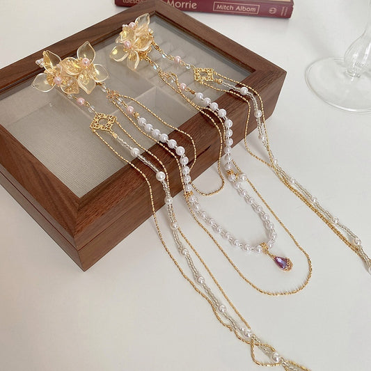 Women's Pearl Diamond Flower Long Tassel Hairpin