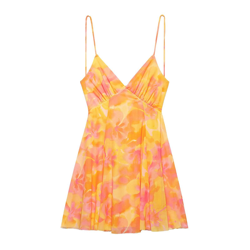 Printed V-Neck Leopard-Print Strap Short Dress For Women