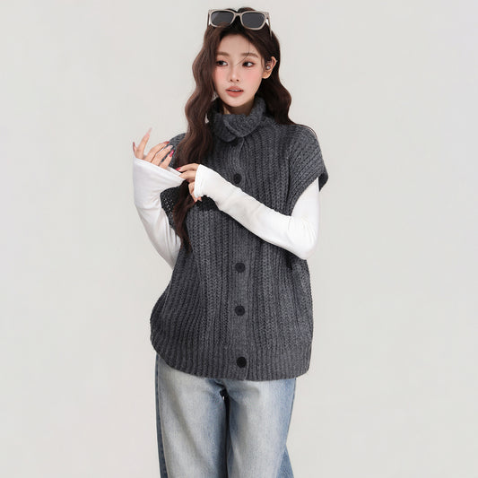Grey Lapel Knitted Vest Sweater Warm Coat Women's Autumn And Winter Innerwear Top
