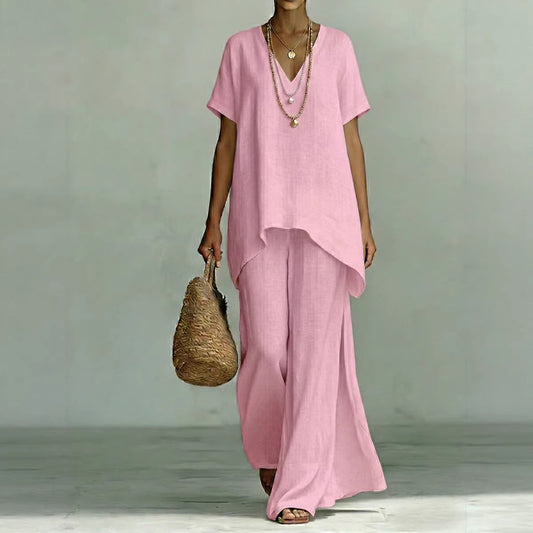 V-neck Short-sleeve Fashionable Loose Top And Wide-leg Pants Set