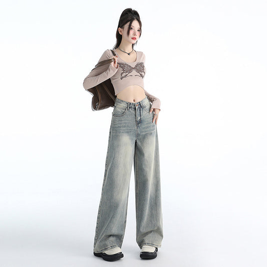 Jeans Washed Loose Drooping Draggle-tail Straight Trousers