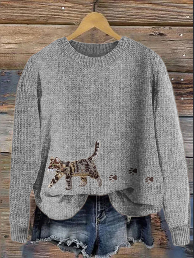 Coarse Needle Printed Animal Women's Round Neck Striped Spliced Sweater