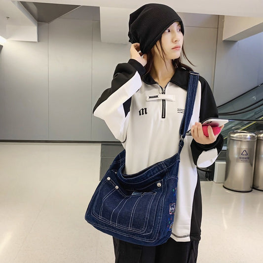 Simple Denim Women's Shoulder Bag With Large Capacity