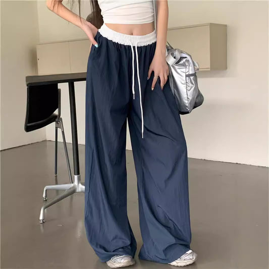American Retro Street Style Stitching Contrast-color High Waist Tooling Pants