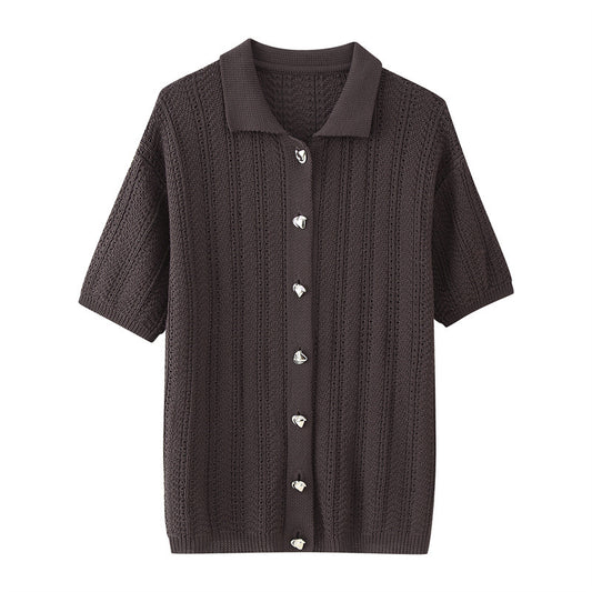 Fashion Texture Knitted Slim Straight Lapel Short Sleeve Trousers
