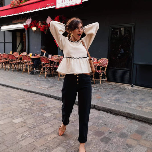 Patchwork Fashionable Sweet Puff Sleeve Top For Women