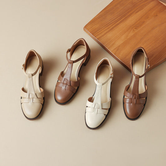 Female T-type Belt Hollow-out Chunky Heel Round-toe Sandles