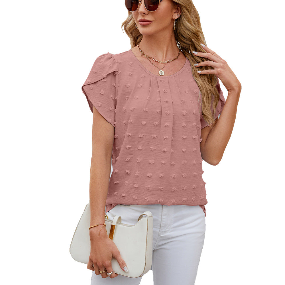 Jacquard Rundhals Blomsterærme Ensfarvet Pelskvast Chiffon Skjortebluse