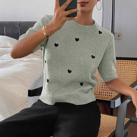 Womens Crew-Neck Pullover Heart Jacquard Knitted Sweater