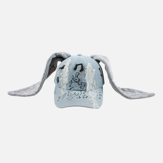 Rabbit Ears Denim With Hole Baseball Hat Washed