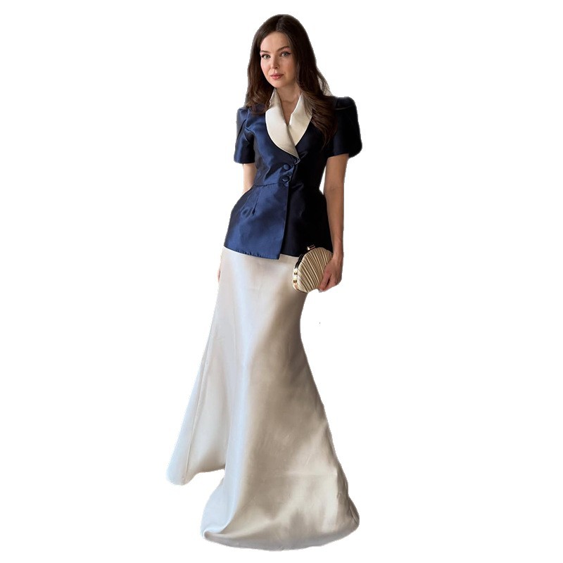 Womens Waist-cinching Short-sleeve Long Dress Set