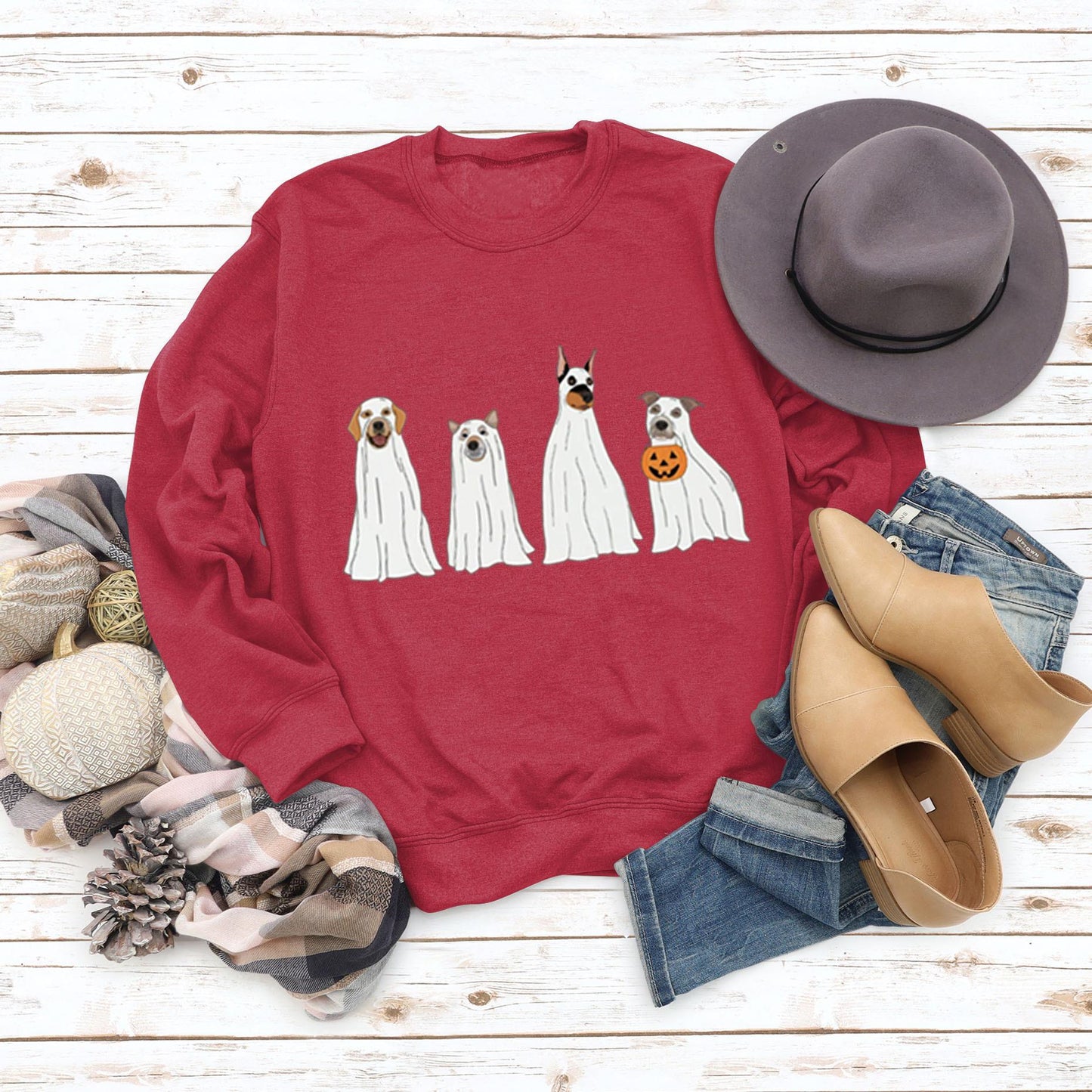 Halloween Ghost Puppy Printed Round Neck Long Sleeve Sweater