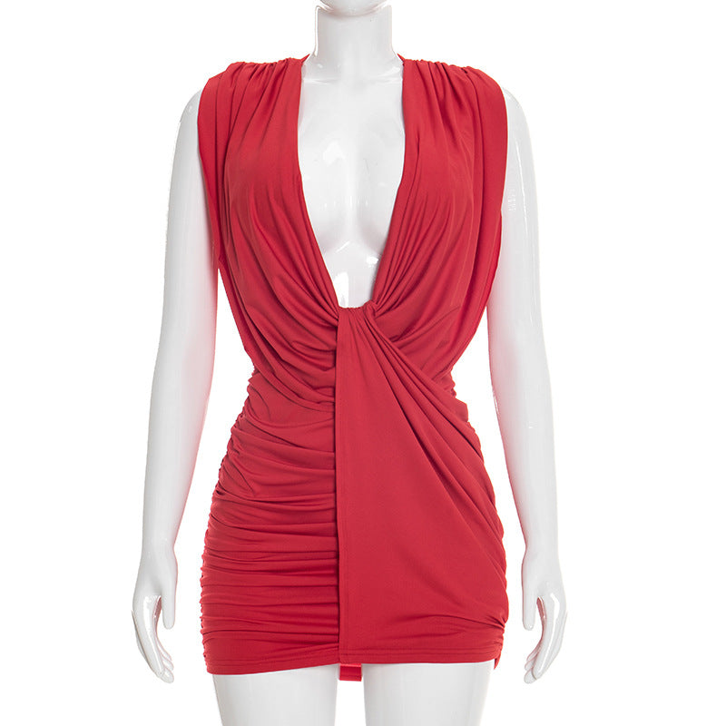 Summer Solid Color Slim Fit Sleeveless Pleated Dress