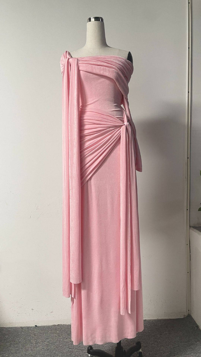 Rare Flowy Yellow Spliced Off-shoulder Dress With Irregular Pleats And Draped Shoulder Detailing