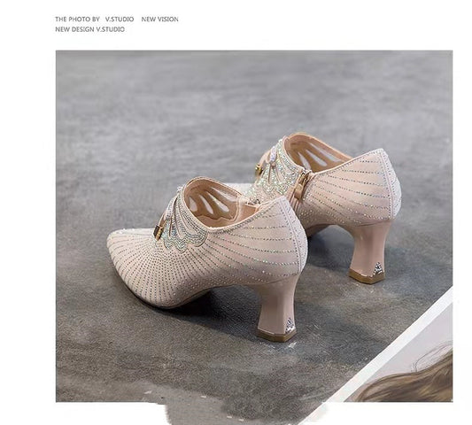 Bow-knot Pointed-toe Rhinestone High-heel British Leather Shoes