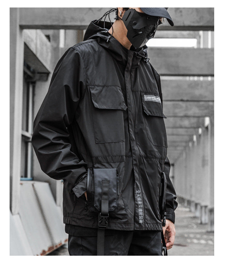 Men's Functional Loose Jacket Dark Hooded Windproof Stitching Reflective