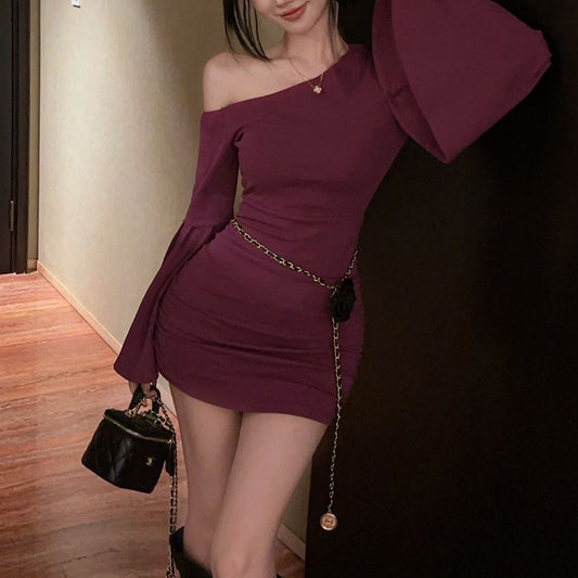 AutumnWinter Long-Sleeved Sassy Off-Shoulder Flare-Sleeve Dress