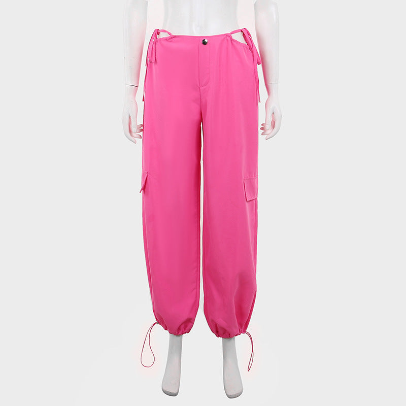 High Waist Hollow Drawcord Solid Leggings Cargo Pants
