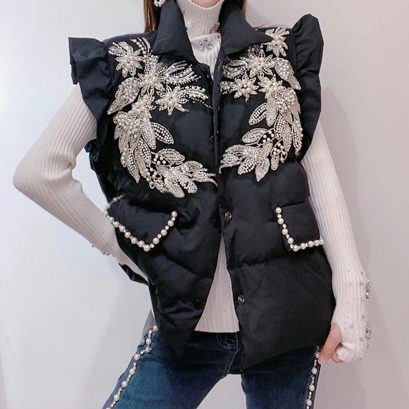Feather Cotton Padded Vest Women Beaded Loose And Thin Warm