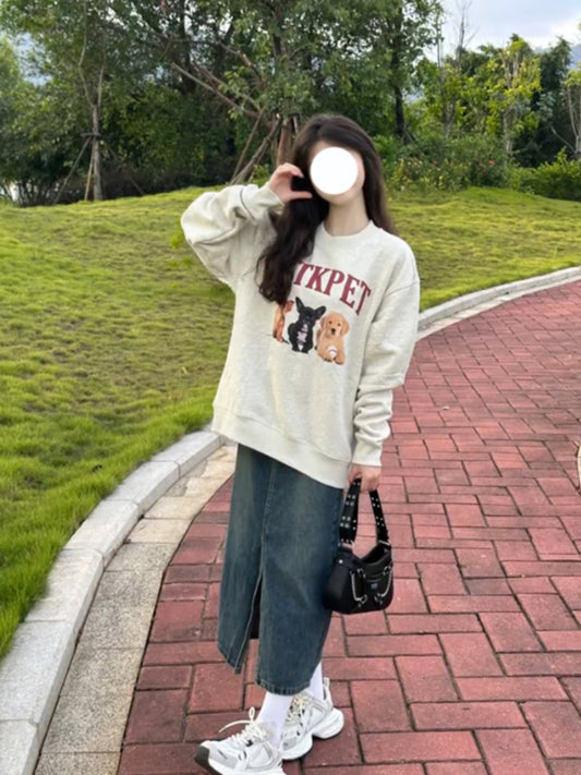 Amerikansk Retro Tegnefilm Hvalp Grå Sweater Kvinde Forår Og Efterår Dooven Stil Niche Rund Hals Langærmet Top