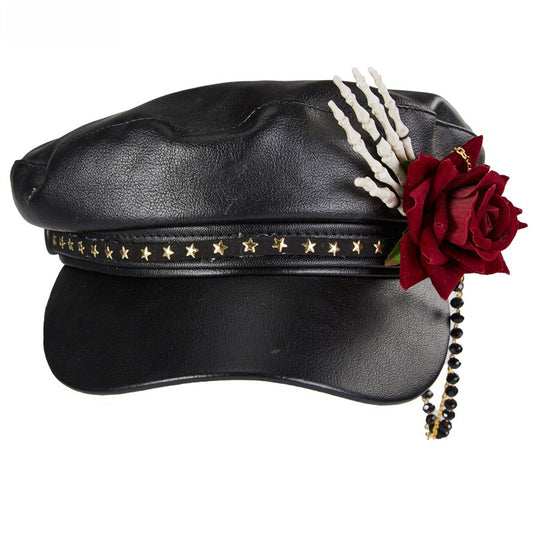 Steam Punk Goth Rose Bead Necklace Baseball Peaked Cap Skull Manual Alarm Bay Hat