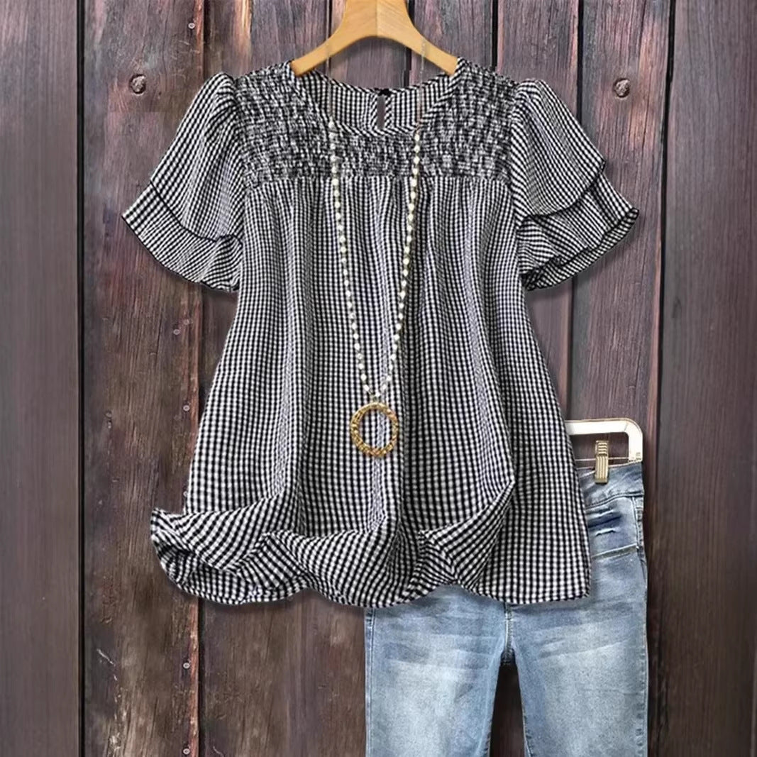 Plaid-print Short-sleeve Crew-neck Top With Trim And Pleats
