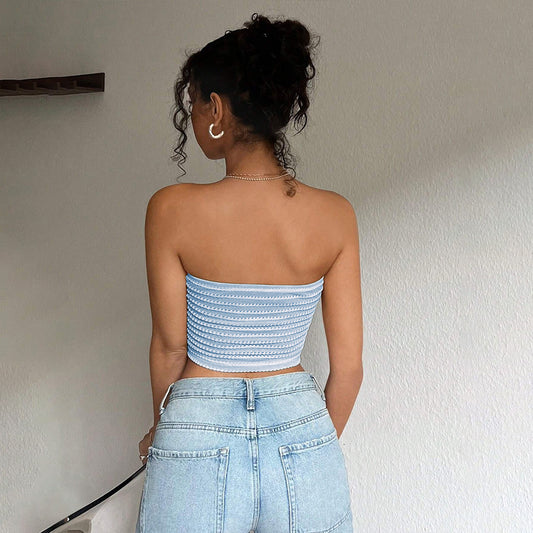 Blue And White Striped Strapless Sleeveless Off-shoulder Cropped Tank Top