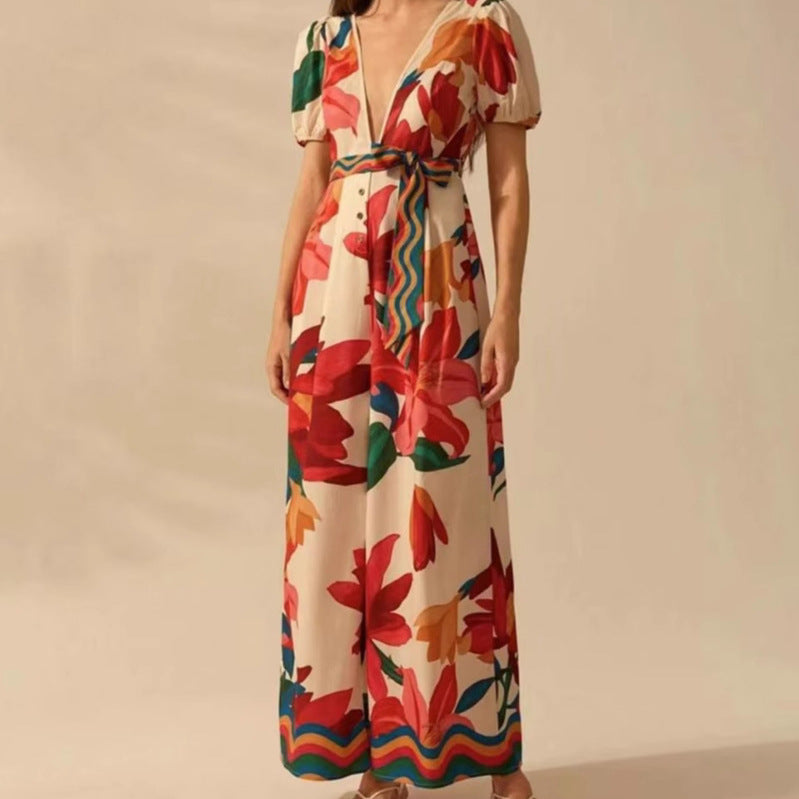 Women's Deep V-neck Printed Fashion Wide-leg Jumpsuit