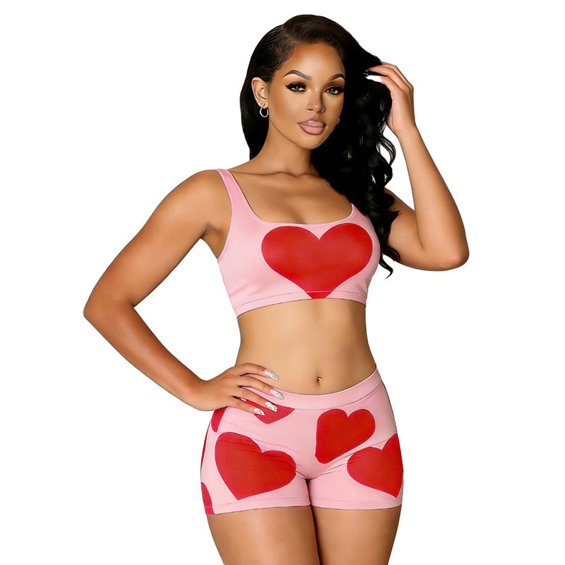 Heart Printed Cropped Tank Top And Tight Shorts Set