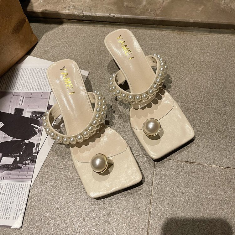 Mid-heel Stiletto Korean Style Beaded Flip Flops Flip Flops Women's Sandals And Women's Slippers