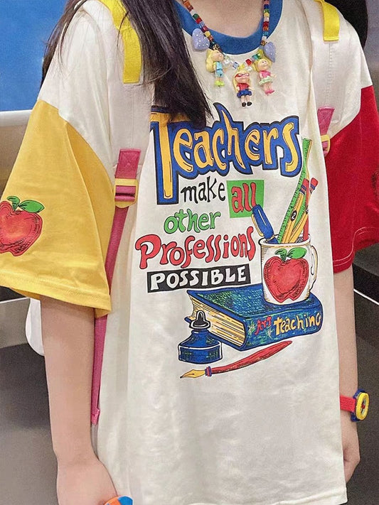Japansk T-shirt til kvinder i ren bomuld med farvematching og korte ærmer
