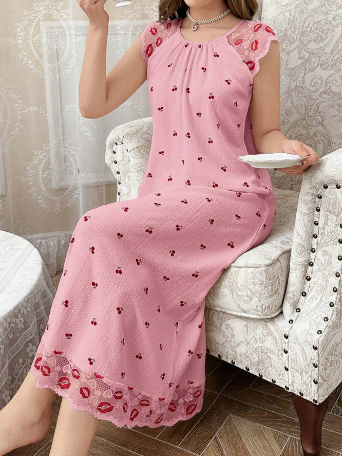 Cherry-print Lace-panelled Sleeveless Dress