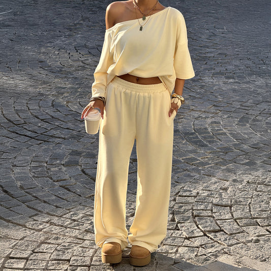 SpringSummer European And American Retro Sassy Off-Shoulder Mid-Rise Loose Wide-Leg Jumpsuit Set