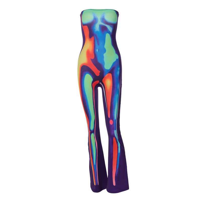 Womens Summer Strapless Off-Shoulder Multi-Color Printed Bodycon Hip-Lifting Jumpsuit With Pants