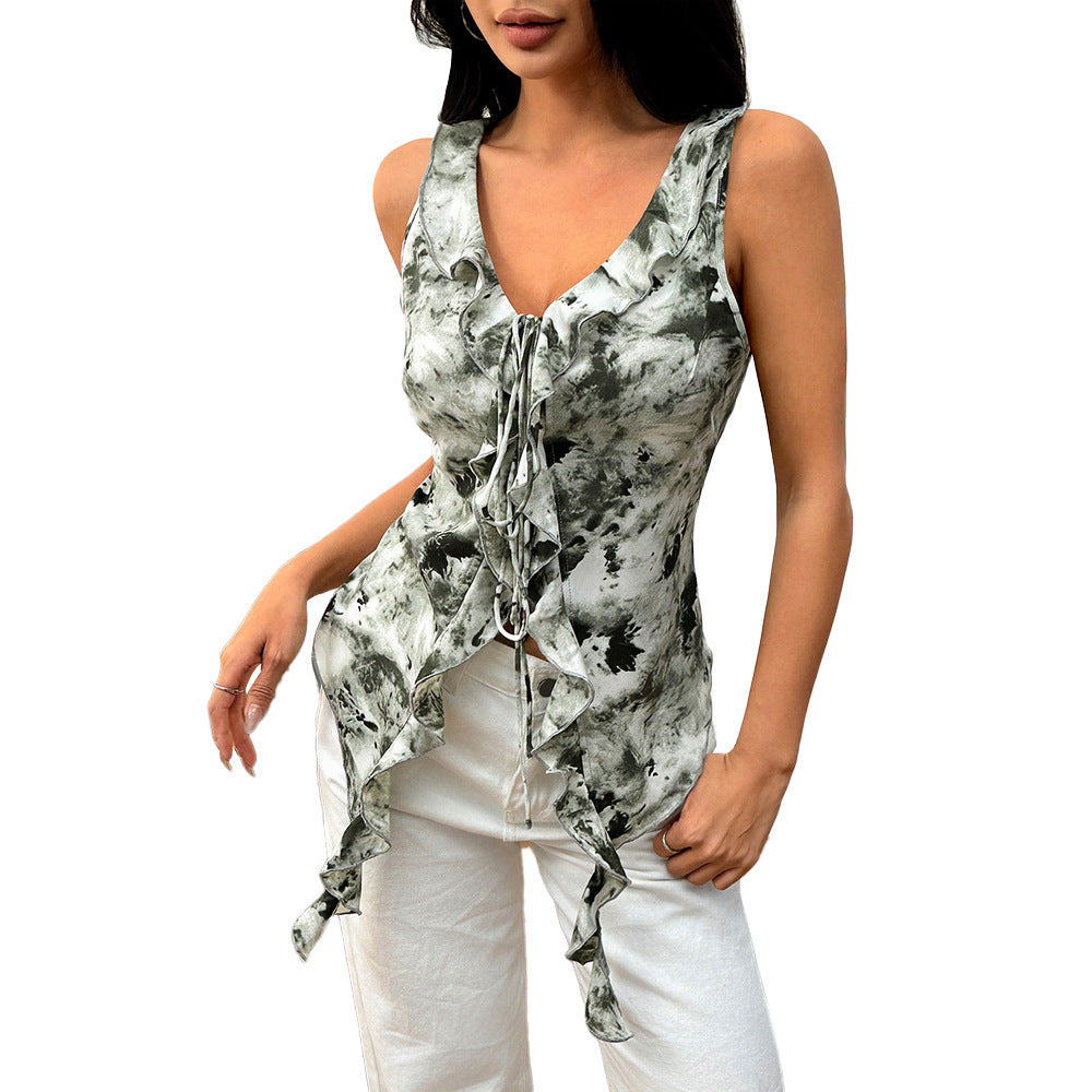 Womens Sexy V-Neck Lace-Up Camisole With Leopard Print Top
