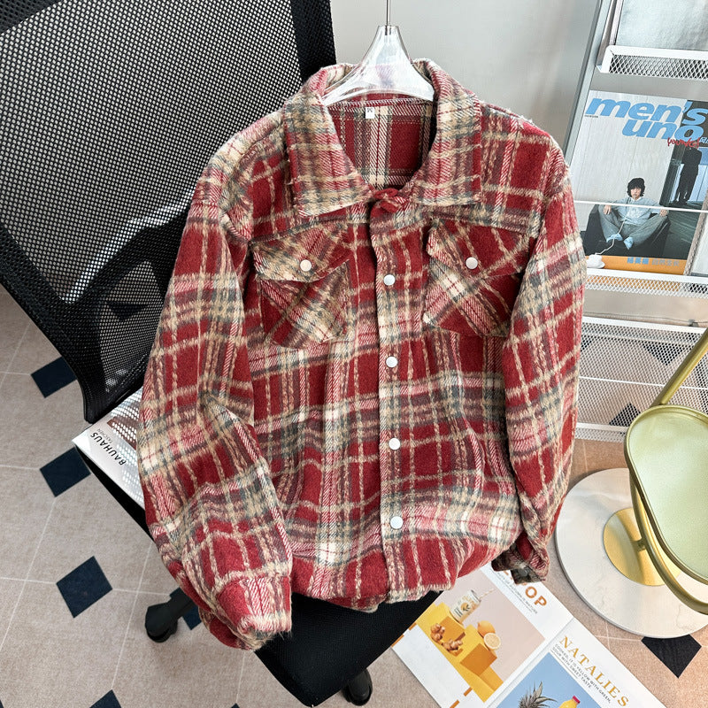 Plaid Tooling Woolen Button Shirt Jacket Men