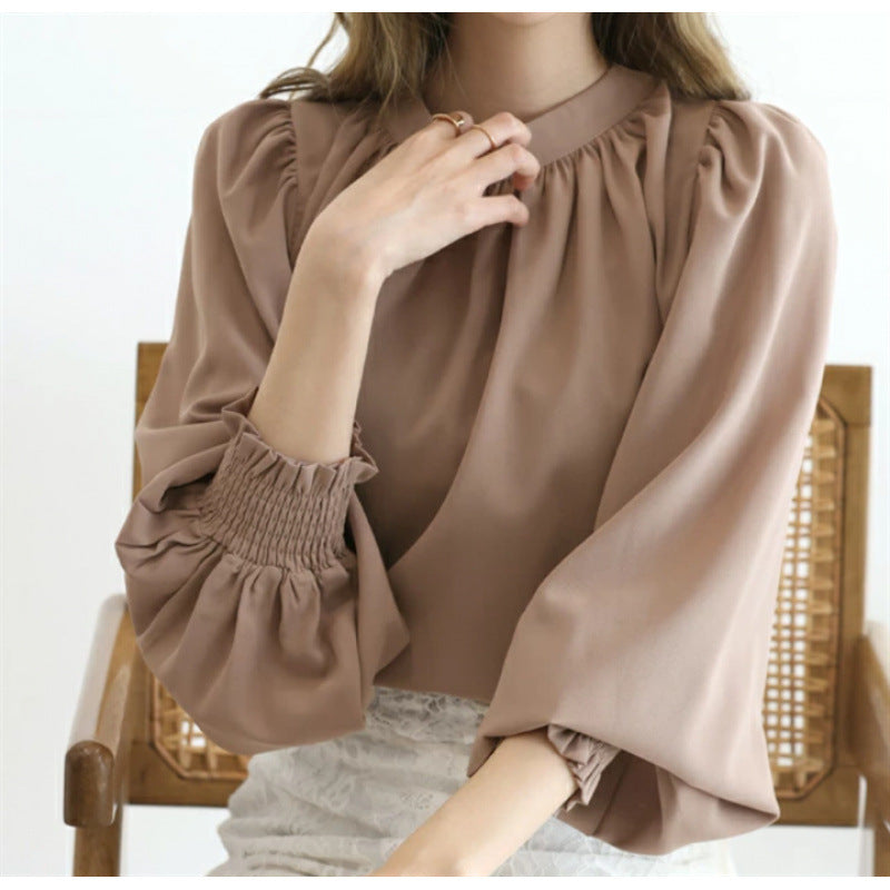 Spring And Summer High-neck Puff Sleeve Chiffon Shirt