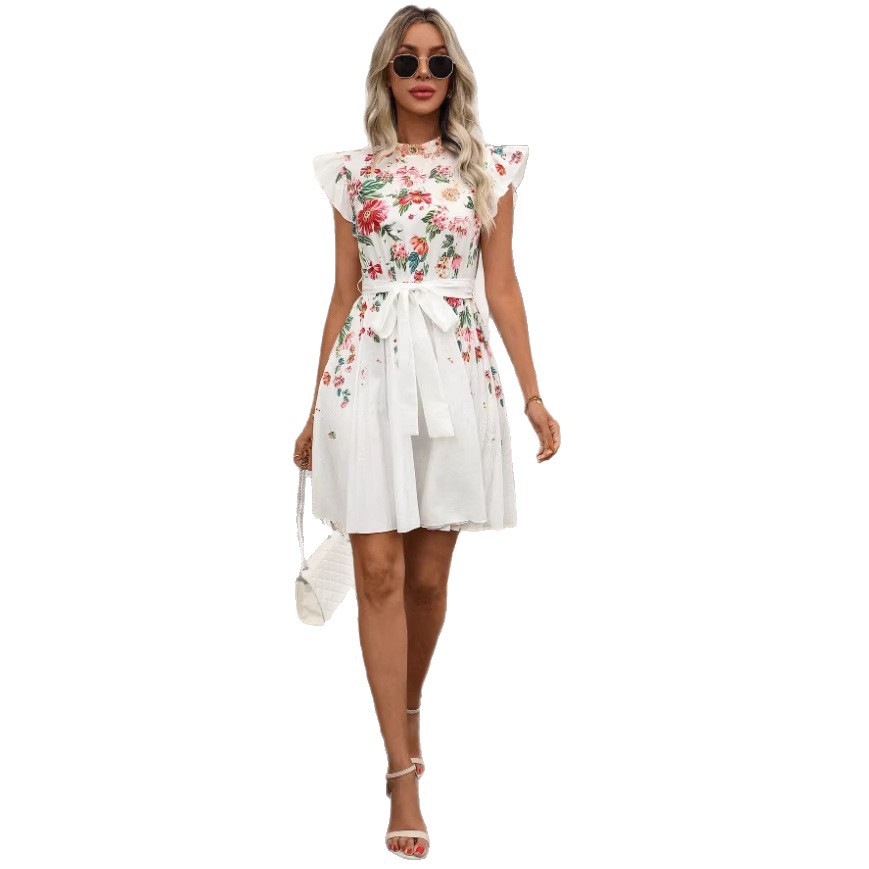 Casual All-Match Butterfly-Print Short-Sleeve V-Neck Dress