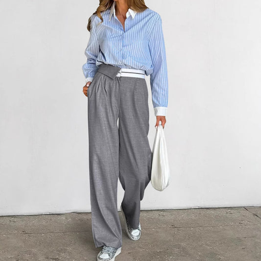 Gray Loose Straight Patchwork High Waist Trousers