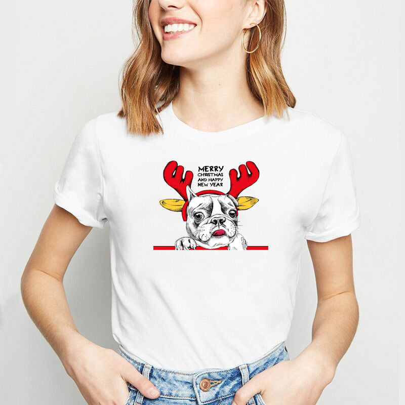 Christmas Lady Cute Dog Printed Short-sleeved Top Casual