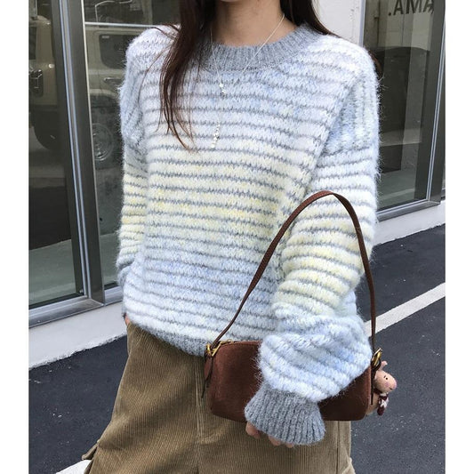 Retro Gradient Color Round Neck Striped Sweater Loose Long Sleeve Knit Top