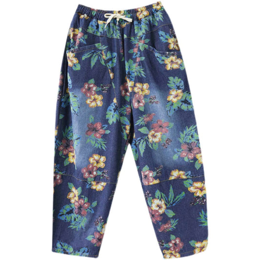 Dame efterår retro-print casual washed jeans harembukser