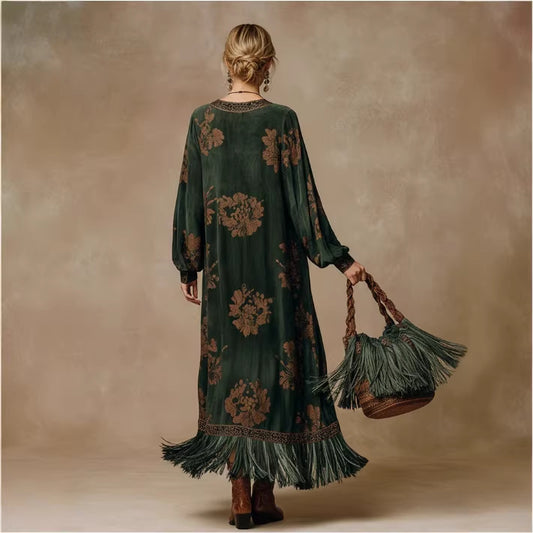 Retro Silhouette-printed Green Faux-suede Fringed Maxi Dress