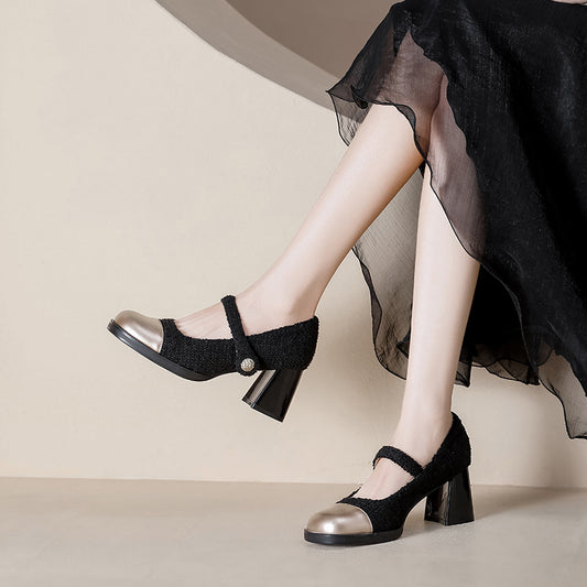 Retro Round Toe Color Matching Thick Heeled Shoes
