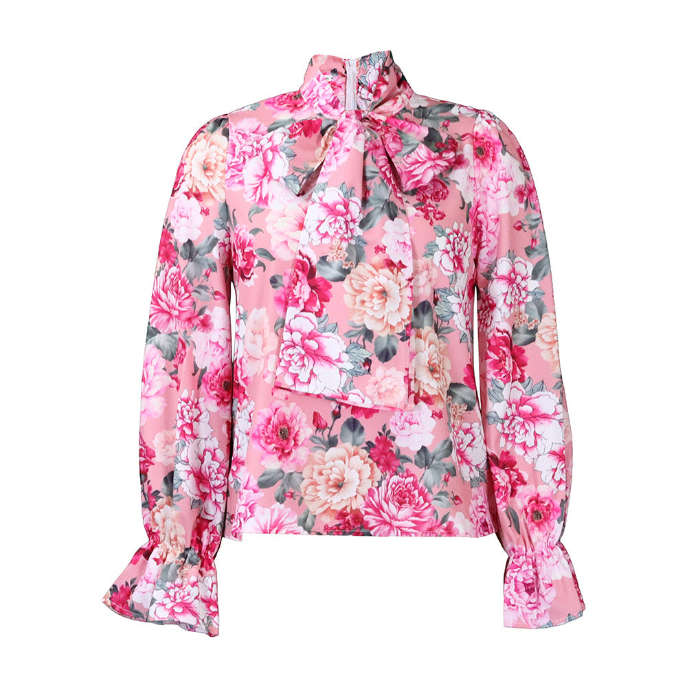 Temperament Slimming Printed Lace Up Shirt