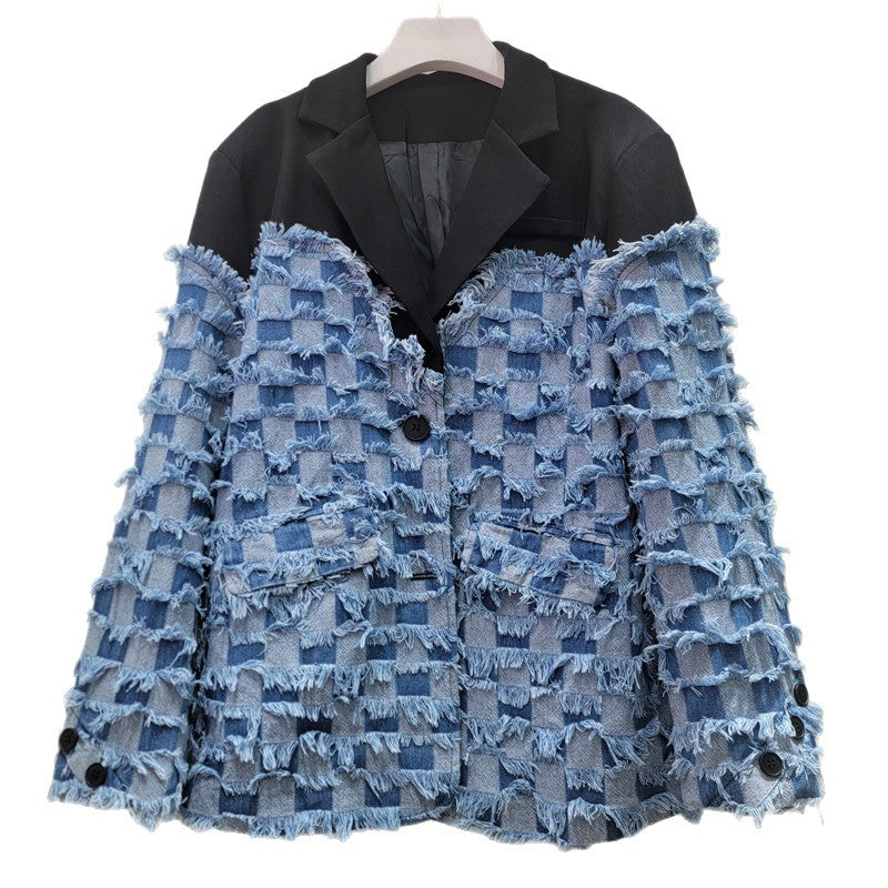 Stylish Tassel Denim Patchwork Blazer For Women
