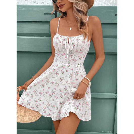 Womens Printed Casual Spaghetti-Strap Dress