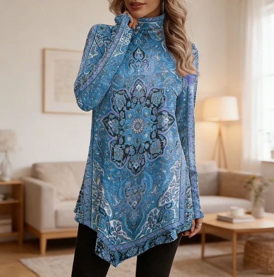 Mandala Print Turtleneck Asymmetric Hem Loose Top